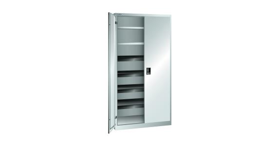 Flügeltürschrank BxTxH 1000x580x1950mm 2 Fachböden, 4 Auszugböden RAL 7035