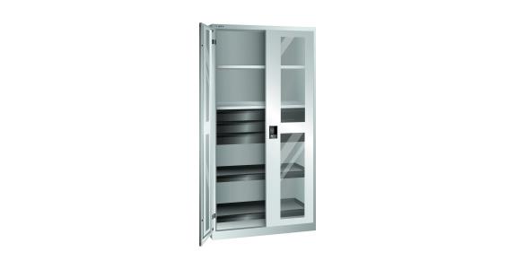 Flügeltürschrank mit 2 Sichtfenster-Türen BxTxH 1000x580x1950mm RAL 7035