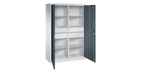 Hinged door tool cabinet 1950x1200x500mm, 6 shelves, 4 large drawers RAL7016