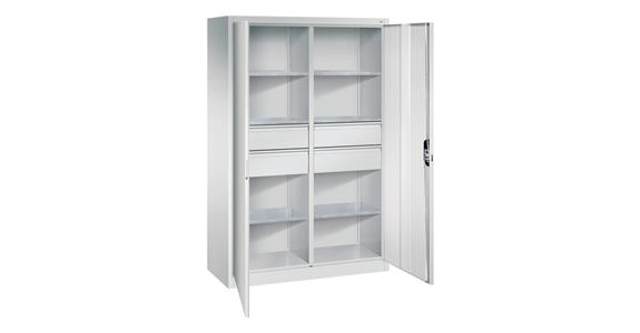 Hinged door tool cabinet 1950x1200x500mm, 6 shelves, 4 large drawers RAL5012