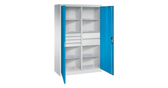 Hinged door tool cab. 1950x1200x500mm, 6 shelves, 4 sm.+2 lrg. drawers RAL5012