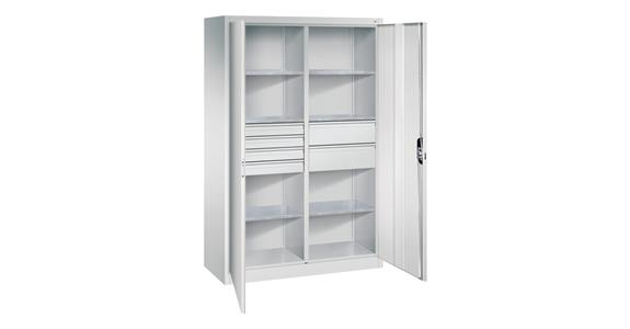 Hinged door tool cab. 1950x1200x500mm, 6 shelves, 4 sm.+2 lrg. drawers RAL7035