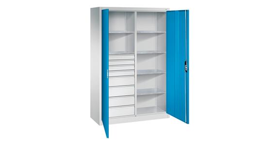 Hinged door tool cab. 1950x1200x500mm, 6 shelves, 4 sm.+4 lrg. drawers RAL5012