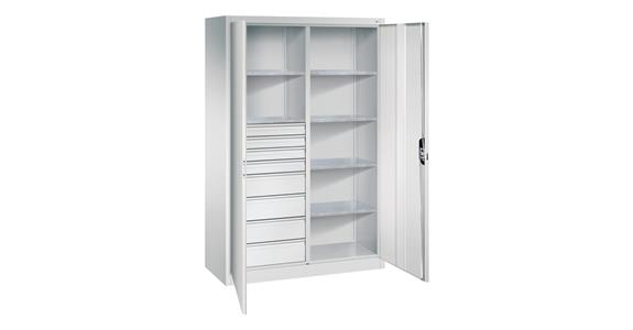 Hinged door tool cab. 1950x1200x500mm, 6 shelves, 4 sm.+4 lrg. drawers RAL7035