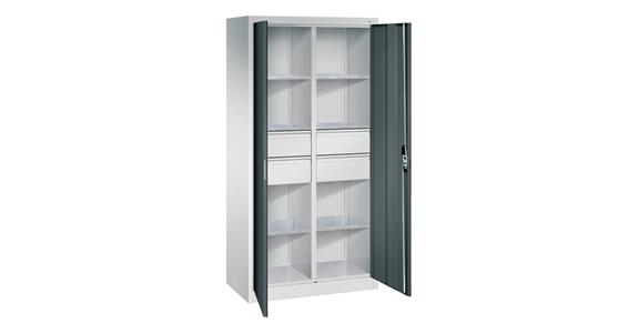 Hinged door tool cabinet 1950x930x500mm, 6 shelves, 4 large drawers RAL7016