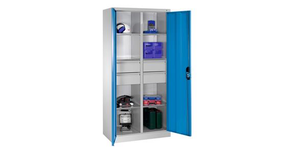 Hinged door tool cabinet 1950x930x500mm, 6 shelves, 4 large drawers RAL5012