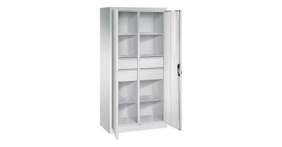Hinged door tool cabinet 1950x930x500mm, 6 shelves, 4 large drawers RAL7035