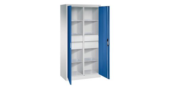 Hinged door tool cabinet 1950x930x500mm, 6 shelves, 4 large drawers RAL 5010