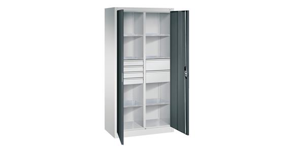 Hinged door tool cab. 1950x930x500mm, 6 shelves, 4 sm.+2 lrg. drawers RAL7016