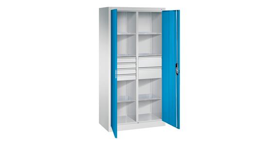 Hinged door tool cab. 1950x930x500mm, 6 shelves, 4 sm.+2 lrg. drawers RAL5012