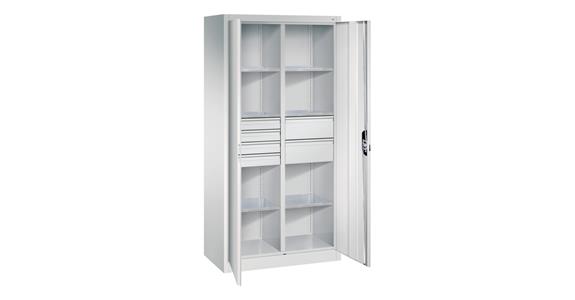 Hinged door tool cab. 1950x930x500mm, 6 shelves, 4 sm.+2 lrg. drawers RAL7035