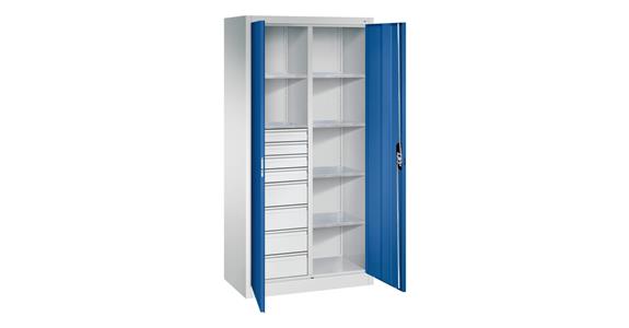 Hinged door tool cabinet 1950x930x500mm, 6 shelves, 4 sm+4 lrg drawers RAL 5010