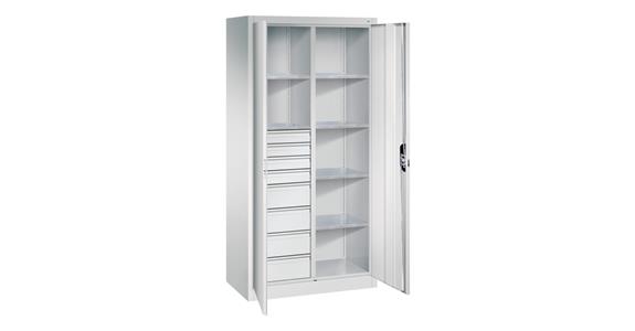 Hinged door tool cab. 1950x930x500mm, 6 shelves, 4 sm.+4 lrg. drawers RAL7035