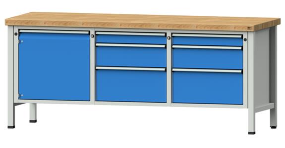 Kastenwerkbank 2000x700x850mm 6 Schubladen 1x Tür Buche-Massivplatte 7035/5012
