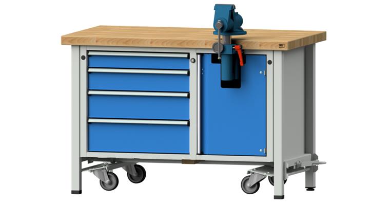 1082131104 Montážní pracovní stůl pojízdný 4 zásuvky 1270×700×850 mm RAL 7035/5012