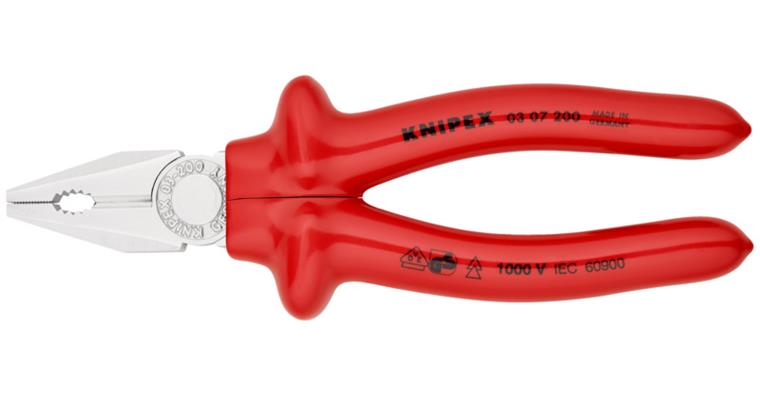 1001501072 Combination pliers, chrome-plated, dip-insulated, VDE-tested 200 mm Article 03 07 200