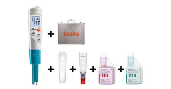 pH tester f. liquids, starter set TESTO 206-pH1 calibr. dosing fluid 250ml pH4+7