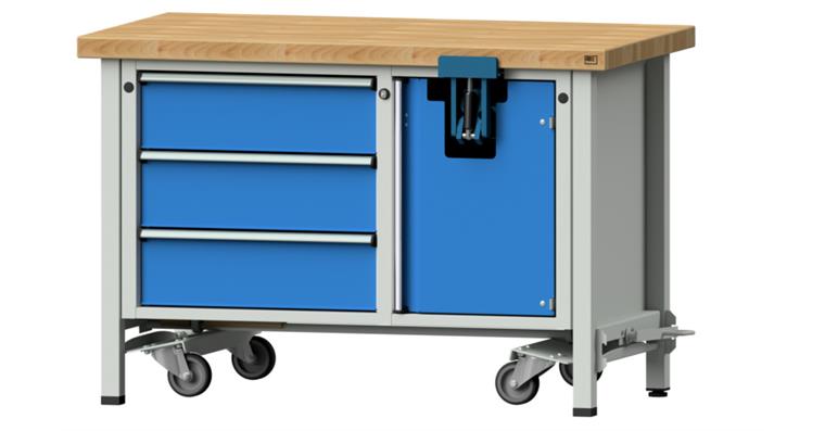 1082131103 Montážní pracovní stůl, mobilní, série V 1270×700×50 mm 3 zásuvky, svěrák, skl.