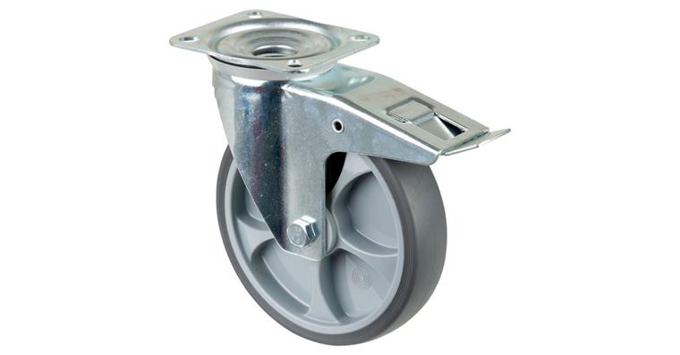 1081411405 Swivel castor, 200 mm diameter, rubber, load capacity 220 kg, with brake